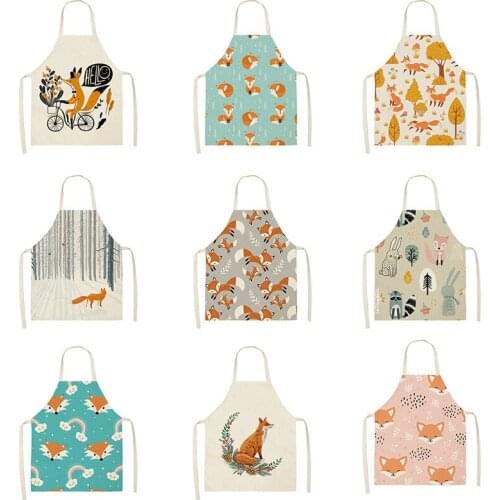 Funny Cute Fox Printed Cotton Linen Sleeveless Aprons Kitchen Women Pinafore Home Cooking Baking Waist Bib 55*68cm