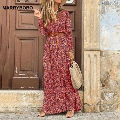 Women High Waist Long Dress Autumn Winter Bohemian Dress Vintage Floral Print Dress 2020 Sexy V-Neck Party Dresses