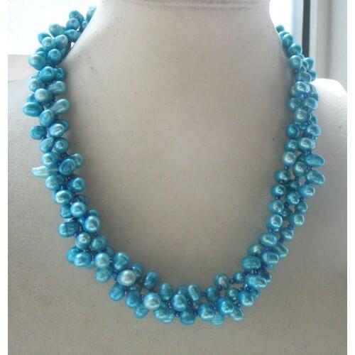 3rows freshwater pearl rice green and blue necklace 18inch FPPJ wholesale beads nature