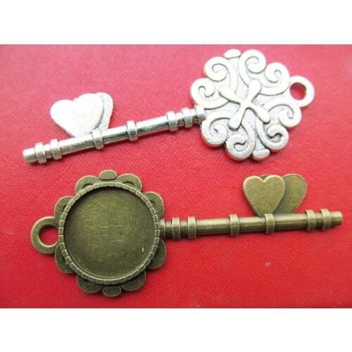 50pcs Antique Bronze/Antique Silver tone Filigree Heart Key Pendant Charm/Finding,Base Setting Tray,Fit 20mm Cabochon/Cameo,DIY