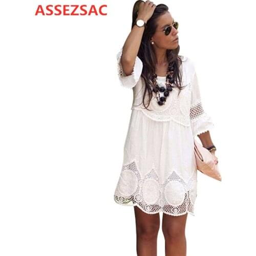 ASSEZSAC Plus Size S - 6XL Women Summer Dress Fashion Half Sleeve Loose Lace Dress 2019 White O-neck Women Dress