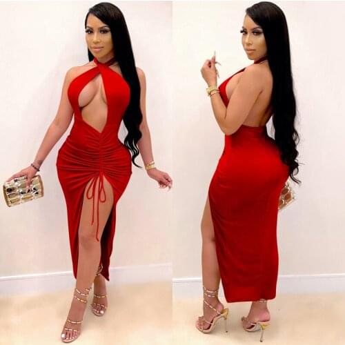 Hollow Out Maxi Dresses Fashion Autumn Sexy Backless Women Dress Halter Sleeveless Drawstring Party Dresses For Women