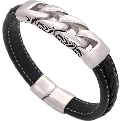 JSBAO New Arrival Genuine Leather Bracelets With Stainless Steel Chain Classical Simple Design Men Jewelry With Magnet Buckle