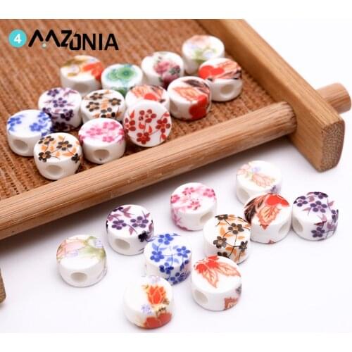 8mm Color Flower Pattern Ceramic Beads Flat Round Porcelain Spacer Beads For Jewelry Making Diy Bracelet Part Accessories