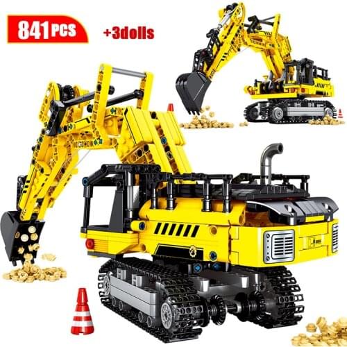 Diy City Engineering Bulldozer Bricks Technical Truck Crane Construction Car Building Blocks Toys For Children Boys