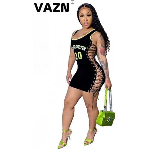 VAZN 2020 Summer Hot Popular Black Cross Bandage Top Hollow out Sexy Club Tank Sleeve High Waist Top Women Thin Mini Dress