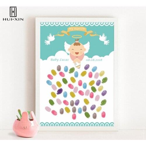 Lovely Angel And Pigeons Free Custom Name Date Fingerprint Signature Gusetbook Kids Baptism For Birthday Party Decoration