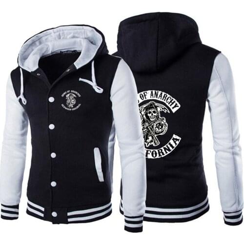 2020 Autumn Mens SOA Cotton Hoodies Sons Of Anarchy Print Casual SAMCRO Popular Baseball uniform Punk Coats Hip Hop Sweatshirts