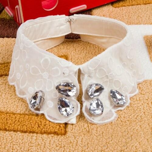 Organza White Rhinestone Crystal Embroidery Fake Collar Women Lady Lapel Shirt Blouse Sewing Detachable Blue Faulse Collars Tie