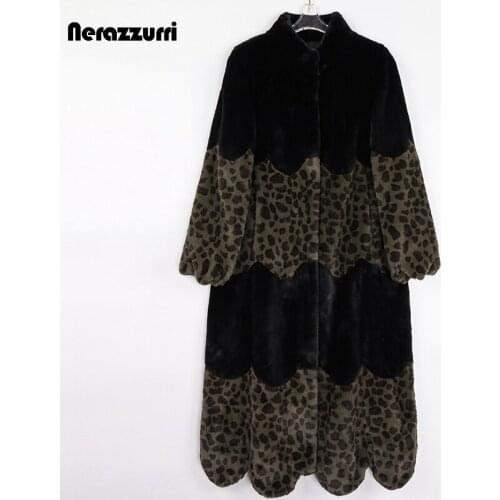 Nerazzurri Winter Long Warm Leopard Print Fluffy Faux Fur Coat Women Stand Collar Runway Designer Luxury Korean Fashion 2021