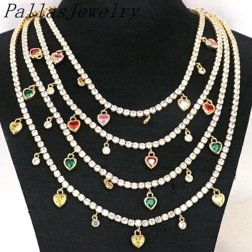 5Pcs,Short sparking rainbow tennis chain chocker necklace with heart CZ fashion personality women collar jewellery bijoux