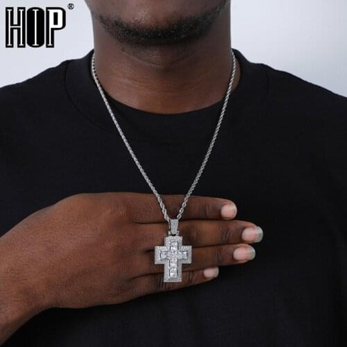 Hip Hop Baguette Big Cross Iced Out Bling Cubic Zircon AAA+ CZ Necklaces & Pendants For Men Women Jewelry With Solid Back