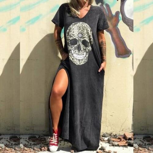 40# Harajuku Skull Print Split Maxi Dress Women Casual Pocket Long Woman Dress Summer V-neck Short Sleeve Vintage Robe Femme
