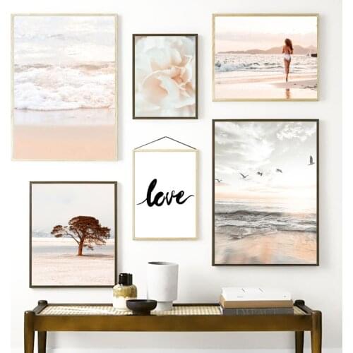 Sea Beach Flower Girl Tree Stone Sky Bird Nordic Posters and Prints Wall Art Canvas Painting Wall Pictures for Living Room Decor