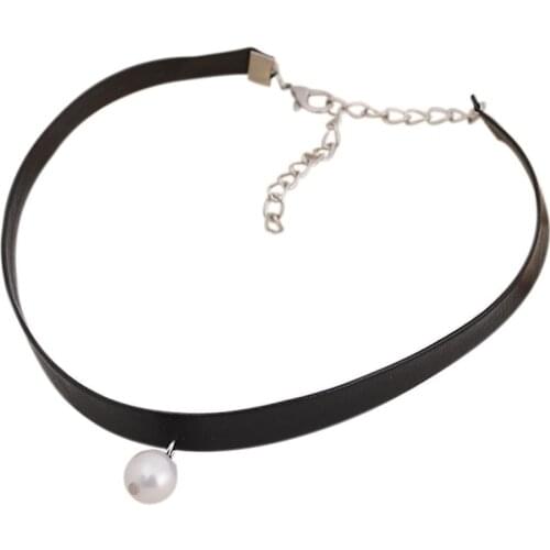 Simple Wide Black Faux Leather Choker Necklace Agate Pearl Pendant Clavicle Chain Metal Necklace For Women Collar Jewelry