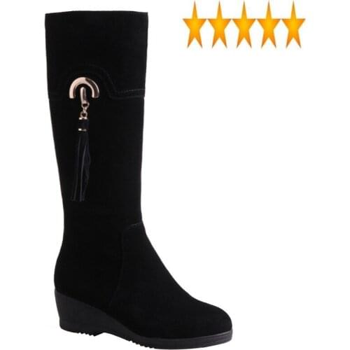 Thigh Warm Women Winter Zipper Tassel Wedge Knee Fashion Party Cow Suede High Heel Long Boots Plus Size