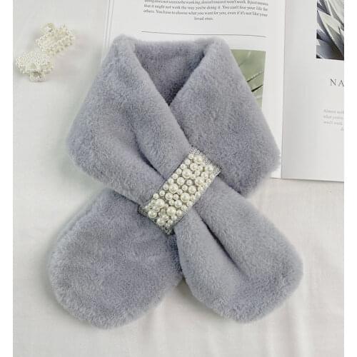 Gray Soft Japan Pearl Faux Fur Scarf Women Winter Fashion Thick Warm Neck Collar Scarves 2021 New Ladies Women Girl Accessories