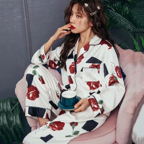 Sweet Flower Print 2PCS Satin Sleep Suit Women Spring Autumn Full Sleeve Pant Sleepwear Casual Turn-down Collar Pajamas Homewear