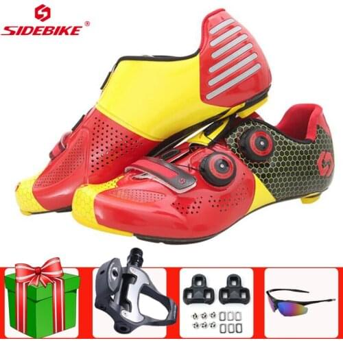 Sidebike Ultralight Carbon Fiber Road Cycling Shoes Add Pedal Set Red Sapatilha Ciclismo Bike Bicycle Athletic Racing Bicicleta