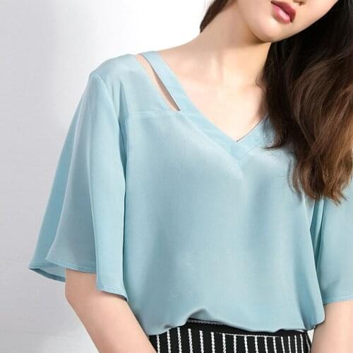 2017 V-neck Women Pure Silk T-shirt Butterfly Sleeve Summer 100% Mulberry Silk Loose Basic Top M L XL FREE SHIPPING