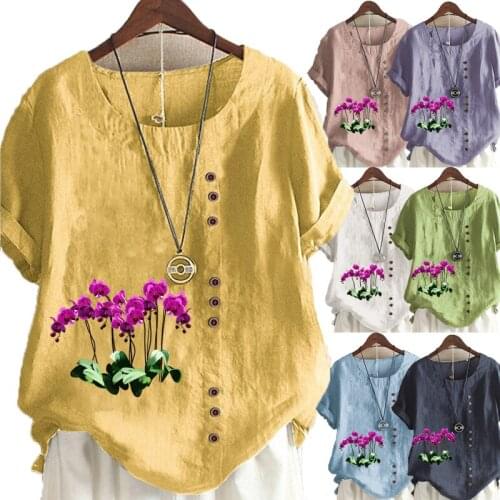 Womens Fashion Linen Shirt Flower Printed T-shirt Summer Short Sleeve Tops O-neck Loose Blouse S-5XL