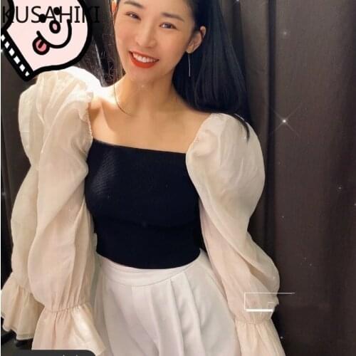 KUSAHIKI Blouses Woman 2021 Puff Sleeve Hit Color Patchwork Shirts Korean Square Collar Slim Fashion Spring Blusas Top 6F638