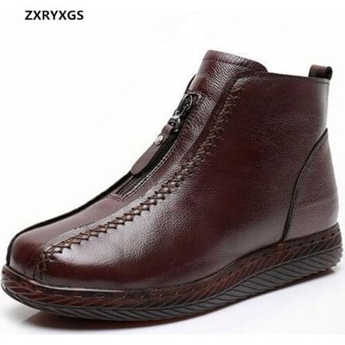 2020 New Classical Top Cowhide Autumn Boots Women Genuine Leather Shoes Flat Shoes Casual Boots Soft Comfort Winter Warm Boots
