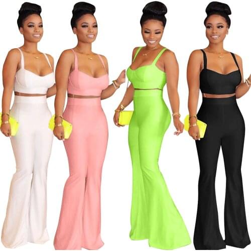 Women Solid Two Piece Set Spaghetti Straps Crop Top+ High Waist Flare Pants Tracksuit Lady Party Night Outfits Plus Size S-XXL
