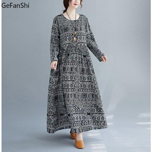 2021 New Spring Autumn Women Dress Loose Vintage Casual Print Cotton Long Sleeve O-Neck Dress Fashion Loose Elegant Dresses Robe