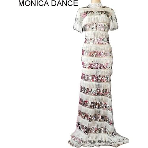 Women Sexy Stage White Fringe Sequins See Through Dress Birthday Celebrate Mesh Long Dress Bar Dance Singer Prom Dress