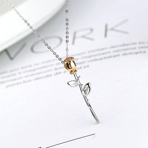 100% S925 Sterling Silver The little princes rose simple three-dimensional golden flower pendant necklace Charms Jewelry