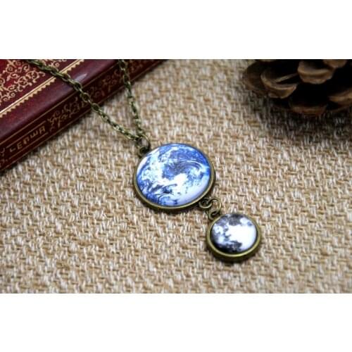 12pcs/lot Earth and Moon necklace Space jewelry Full moon necklace Planet necklace Glass dome Galaxy necklace