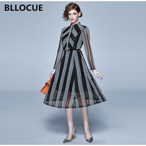BLLOCUE 2020 Spring Fashion Striped Lace Dress Women Long Sleeve Elegant Hollow Out Single-Breasted Slim Party Dress