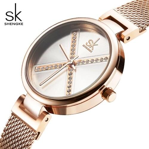 SHENGKE Luxury Crystal Watch Womens Fashion Female Rose Gold Steel Strap Watches Quartz Lady Women Waterproof Clock Gift