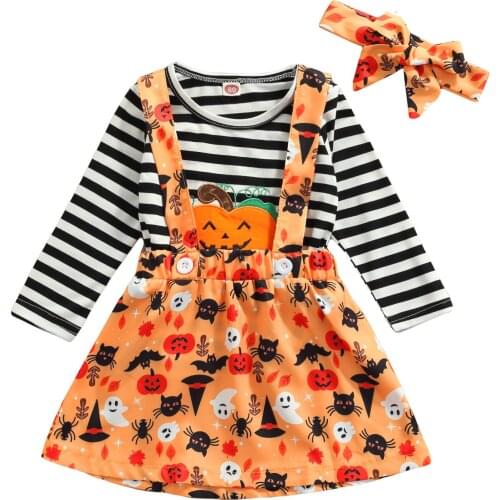 1-6Y Toddler Kids Baby Girl Long Sleeve Striped T-shirt Tops Pumpkin Print Suspender Skirt Headband 3PCS Halloween Clothes Set