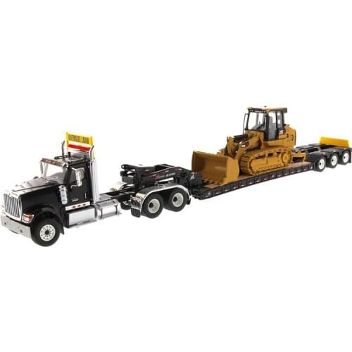 DM-85599 1:50 International HX520 Tandem Day Cab Tractor with XL 120 Lowboy Trailer in Black and Cat 963K Track Loader