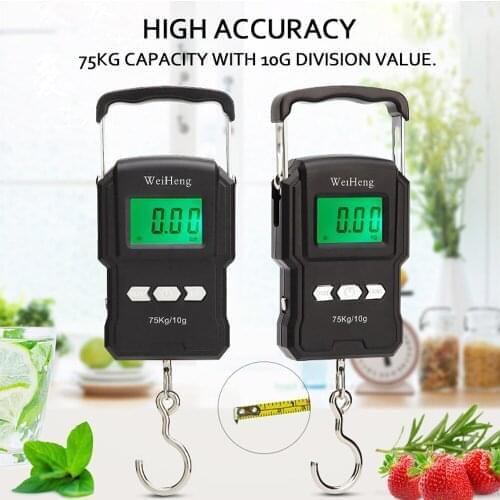 New 75Kg/10g Electronic Backlight Weighing Scale Digital Fishing Postal Hanging Hook Scale with Measuring Tape