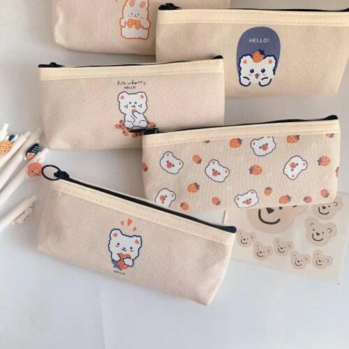 Cute Bear Canvas Pencil Case Pen Bag Korean Stationery For School 2021 Student Cases Bags Office Supplies