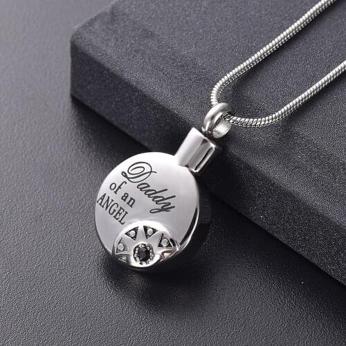 "Daddy of an Angel" Engraved Cremation Urn Pendant Stainless Steel Round Ashes Holder Memorial Jewelry Necklace for Human