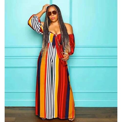 Sexy Night Club Party Jumpsuit Women Off The Shoulder Elegant Striped Printed Wide Leg Rompers Long Sleeve Playsuit Big Size 5XL