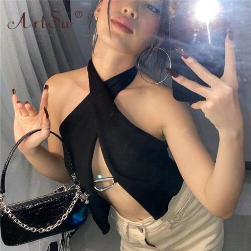ArtSu Sexy Black Clubwear Criss-Cross Bandage Crop Top Women Summer Backless Halter Tanks Sleeveless Tees Streetwear