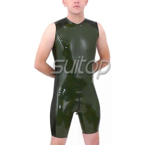 Suitop sexy rubber leotard 2 way zip catsuit green color