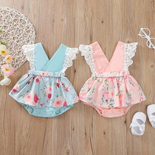 Summer Newborn Baby Girls Romper Sweet Floral Lace Fly Sleeve Splicing Bodysuit Skirt Short Jumpsuit Playsuit for Baby 0-24M