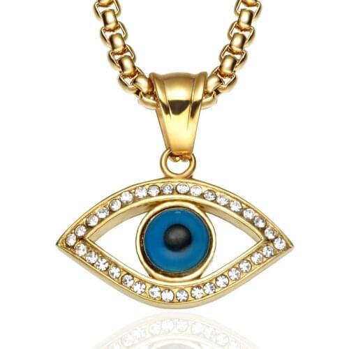 Hip Hop Iced Out Turkish Evil Eye Pendant Necklaces Mans Gold Stainless Steel Chain Charm Choker Crystal Rhinestone Necklace