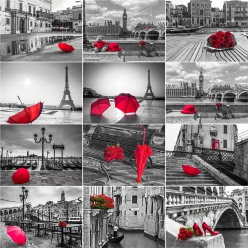 AZQSD Diamond Painting Kit Black And Red City Picture Of Rhinestones Needlework Diamond Embroidery Landscape Mosaic Home Decor