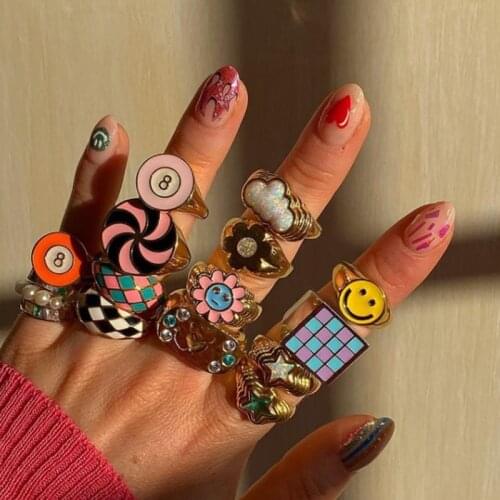 2021 New INS Creative Colorful Sweet Checkered Ring Vintage Drop Oil Geometric Square Rings for Women Girls Fashion Jewelry Gift