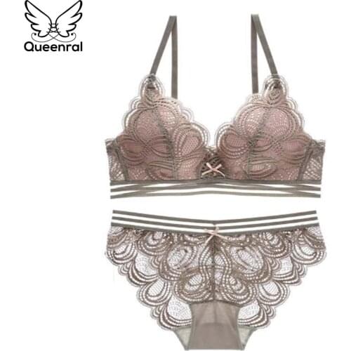 Queenral Sexy Lace Bra Set Push Up Underwear Set Lingerie Women Wire Free Bra Brief Bets 34B Spandex Pink Intimates