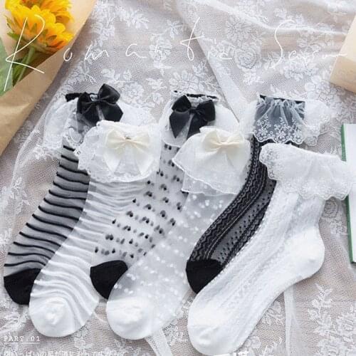 Sexy Lace Mesh Fishnet Crystal Silk Socks Lolita Bowknot Frilly Ruffle Socks Women Summer Thin Black White Japanese Cute Socks
