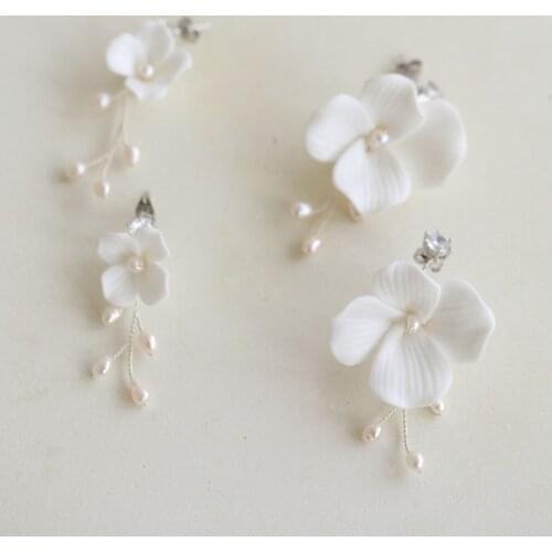 SLBRIDAL Ins Style Sparkling Zircon Crystal Rhinestones Porcelain Flower Freshwater Pearls Bridal Wedding Earring Women Earrings