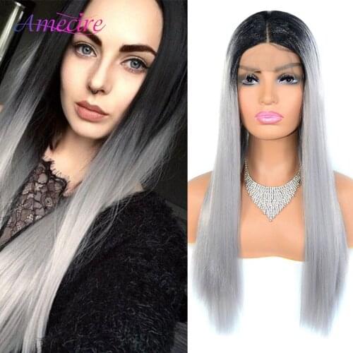 Ombre Gray Long Straight Synthetic Lace Wigs T Part Glueless Lace Wig Synthetic Long Straight Wigs For Black Women